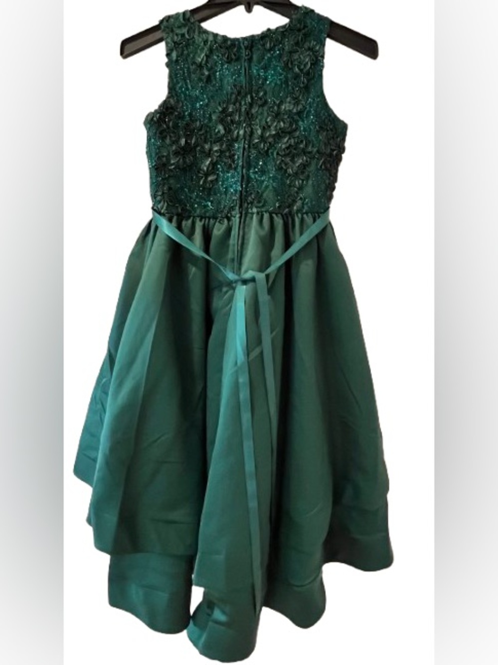 š-Rare Editions Hunter Green Lace Bodice Hi-Lo Dress. Size: 12 - Picture 2 of 6